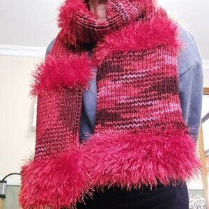 Handmade scarf, red hues, with fur, fur yarn scarf